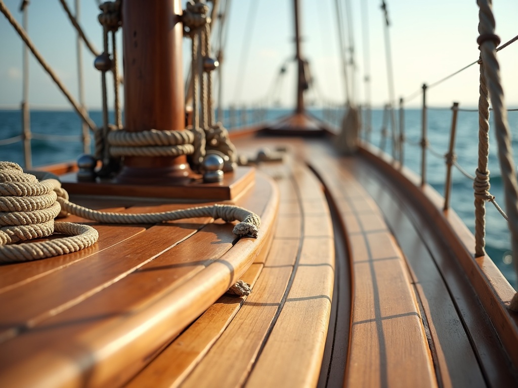 Teak deck and rigging detail of a hand-built wooden pinisi