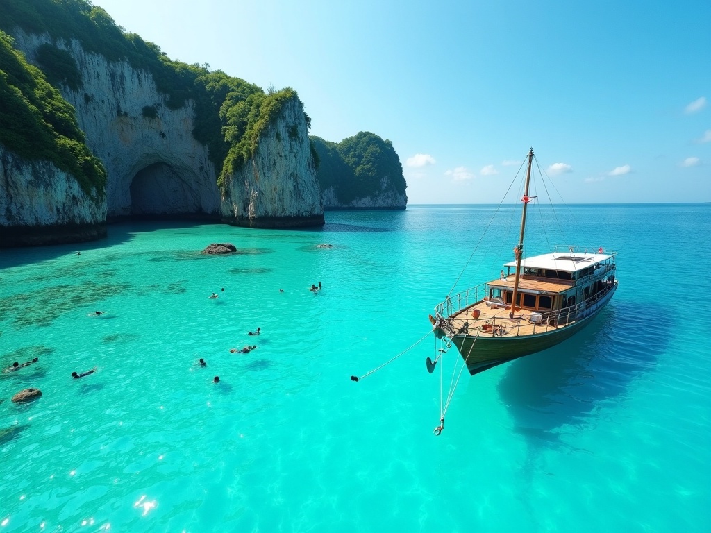 Wooden pinisi anchored in turquoise water near a Nusa Penida-style cliff coast