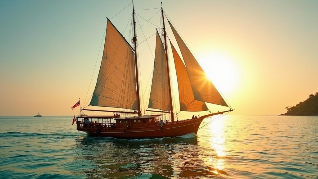 Traditional wooden pinisi sailing at golden hour off the Bali coast